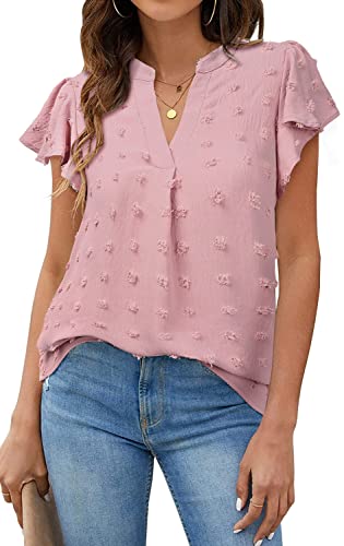 PASUDA Damen Bluse Sommer Elegant Chiffon Rüschen Kurzarm V-Ausschnitt Blusen Casual Tunika Hemd BasicTops Polka Dot Loose T Shirts (Rosa, L) von PASUDA