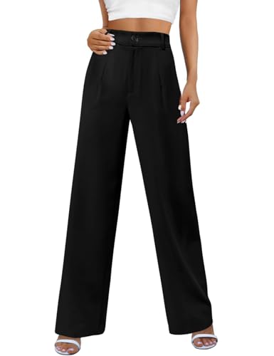 PASUDA Damen Hose Sommer Weites Bein Hight Waist Freizeithose Business Hosen Anzughose Casual Elegant Arbeitshose Geradem Loose Lang Stoffhose Sommerhose mit Taschen und Knöpfen (Schwarz, L) von PASUDA