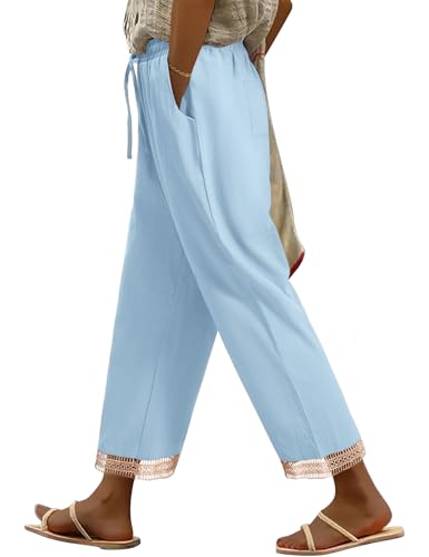 PASUDA Damen Hosen Sommer Bequeme Baumwolle Freizeithose Sommerhosen Hohe Taille Straight Leg Casual Hose Leicht Lockere Stoffhose mit Kordelzug und Taschen (Blau, M) von PASUDA