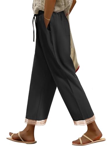 PASUDA Damen Hosen Sommer Bequeme Baumwolle Freizeithose Sommerhosen Hohe Taille Straight Leg Casual Hose Leicht Lockere Stoffhose mit Kordelzug und Taschen (Eisenhaltig, S) von PASUDA
