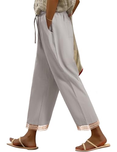 PASUDA Damen Hosen Sommer Bequeme Baumwolle Freizeithose Sommerhosen Hohe Taille Straight Leg Casual Hose Leicht Lockere Stoffhose mit Kordelzug und Taschen (Grau, L) von PASUDA