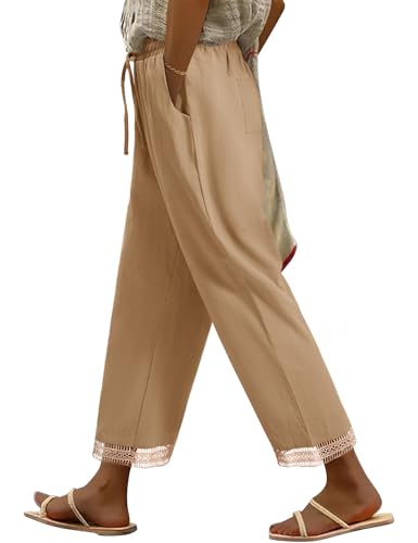 PASUDA Damen Hosen Sommer Bequeme Baumwolle Freizeithose Sommerhosen Hohe Taille Straight Leg Casual Hose Leicht Lockere Stoffhose mit Kordelzug und Taschen (Khaki, S) von PASUDA