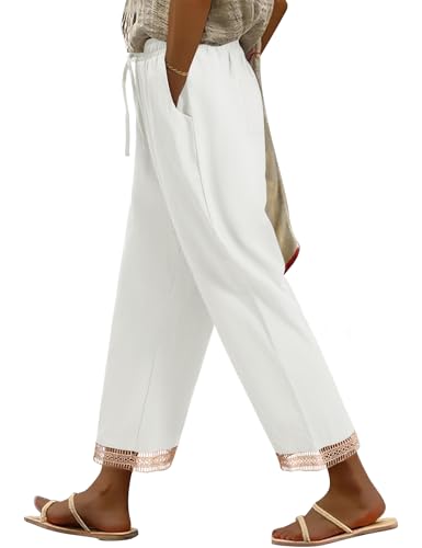 PASUDA Damen Hosen Sommer Bequeme Baumwolle Freizeithose Sommerhosen Hohe Taille Straight Leg Casual Hose Leicht Lockere Stoffhose mit Kordelzug und Taschen (Weiß, S) von PASUDA