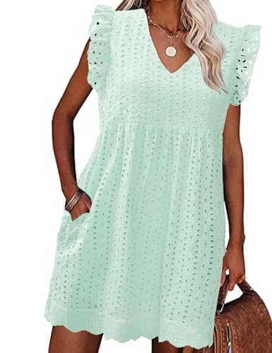 PASUDA Damen Kleider Sommer Freizeitkleider mit Tasche Elegant V Ausschnitt Flügelärmel Kleid High Waist A-Linien Sommerkleid mit Rüsche (Grün, L) von PASUDA