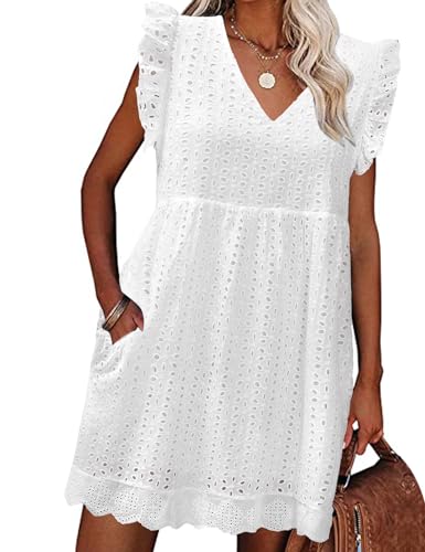 PASUDA Damen Kleider Sommer Freizeitkleider mit Tasche Elegant V Ausschnitt Flügelärmel Kleid High Waist A-Linien Sommerkleid mit Rüsche (Weiß, M) von PASUDA
