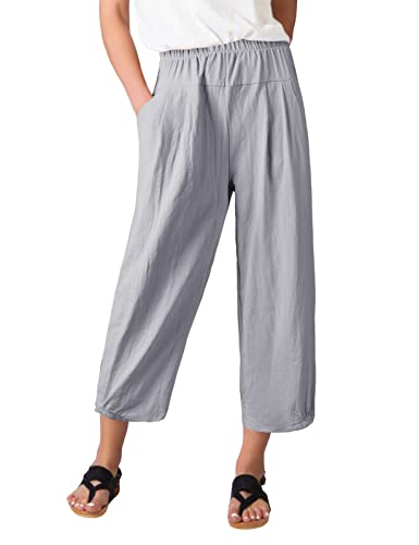 PASUDA Damen Leinenhose Sommer 7/8 Hose Freizeithose Elegant Baumwolle Elastischer Bund Weites Bein Loose Fit Trousers mit Taschen Hosen Pants (Grau, XL) von PASUDA