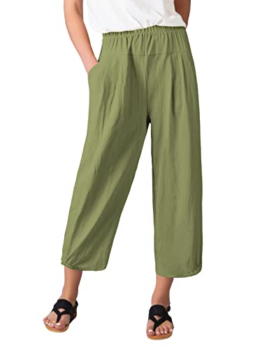 PASUDA Damen Leinenhose Sommer 7/8 Hose Freizeithose Elegant Baumwolle Elastischer Bund Weites Bein Loose Fit Trousers mit Taschen Hosen Pants (Grün, M) von PASUDA