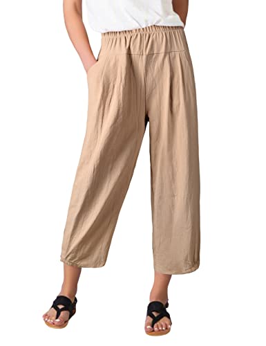 PASUDA Damen Leinenhose Sommer 7/8 Hose Freizeithose Elegant Baumwolle Elastischer Bund Weites Bein Loose Fit Trousers mit Taschen Hosen Pants (Khaki, M) von PASUDA