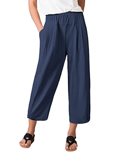 PASUDA Damen Leinenhose Sommer 7/8 Hose Freizeithose Elegant Baumwolle Elastischer Bund Weites Bein Loose Fit Trousers mit Taschen Hosen Pants (Marine, M) von PASUDA