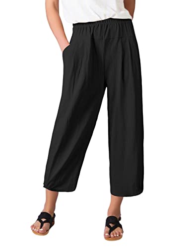 PASUDA Damen Leinenhose Sommer 7/8 Hose Freizeithose Elegant Baumwolle Elastischer Bund Weites Bein Loose Fit Trousers mit Taschen Hosen Pants (Schwarz, S) von PASUDA