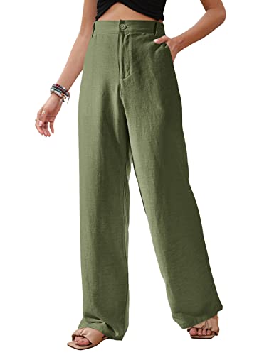 PASUDA Damen Leinenhose Sommer Weites Bein High Waist Sommerhose Einfarbig Freizeithose Geradem Lose Hosen mit Taschen Bequeme Lang Stoffhose Elastischer Bund (Grün, M) von PASUDA