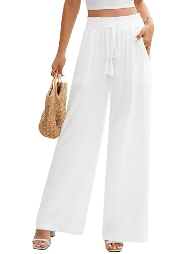 PASUDA Damen Leinenhose Sommer Hohe Taille Weite Bein Freizeithose Leicht Bequeme Casual Sommerhose Elastischem Bund Locker Stoffhose Hose (Beige, M) von PASUDA