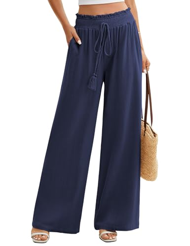 PASUDA Damen Leinenhose Sommer Hohe Taille Weite Bein Freizeithose Leicht Bequeme Casual Sommerhose Elastischem Bund Locker Stoffhose Hose (Marineblau, XL) von PASUDA