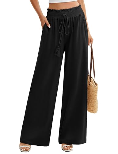 PASUDA Damen Leinenhose Sommer Hohe Taille Weite Bein Freizeithose Leicht Bequeme Casual Sommerhose Elastischem Bund Locker Stoffhose Hose (Schwarz, L) von PASUDA