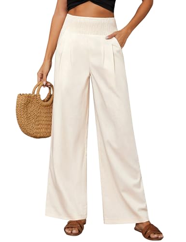 PASUDA Damen Leinenhose Sommer Hose Weites Bein Baumwolle Leinen Sommerhose Elastisch Hohe Taille Freizeithose Strandhose Lang Leichte Loose Boho Hosen mit Taschen Bequeme Stoffhose (Beige, S) von PASUDA