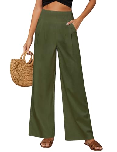 PASUDA Damen Leinenhose Sommer Hose Weites Bein Baumwolle Leinen Sommerhose Elastisch Hohe Taille Freizeithose Strandhose Lang Leichte Loose Boho Hosen mit Taschen Bequeme Stoffhose (Grün, XL) von PASUDA