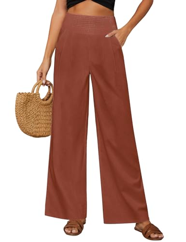 PASUDA Damen Leinenhose Sommer Hose Weites Bein Baumwolle Leinen Sommerhose Elastisch Hohe Taille Freizeithose Strandhose Lang Leichte Loose Boho Hosen mit Taschen Bequeme Stoffhose (Ziegelrot, M) von PASUDA