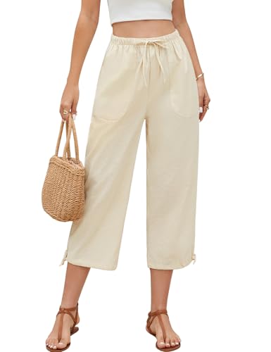 PASUDA Damen Linen Sommerhose 7/8 Baggy Casual Loose Leinenhose Bequeme Leichte Freizeithose Lockere Stretch Bund Strandhose Damen Mit Taschen (Beige, XXL) von PASUDA