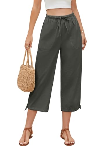 PASUDA Damen Linen Sommerhose 7/8 Baggy Casual Loose Leinenhose Bequeme Leichte Freizeithose Lockere Stretch Bund Strandhose Damen Mit Taschen (Dunkelgrau, M) von PASUDA