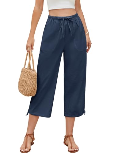 PASUDA Damen Linen Sommerhose 7/8 Baggy Casual Loose Leinenhose Bequeme Leichte Freizeithose Lockere Stretch Bund Strandhose Damen Mit Taschen (Marineblau, S) von PASUDA