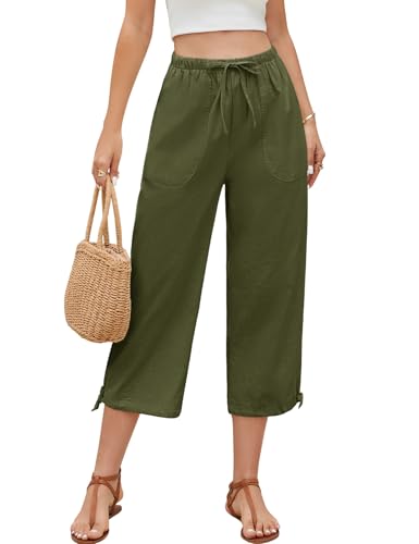 PASUDA Damen Linen Sommerhose 7/8 Baggy Casual Loose Leinenhose Bequeme Leichte Freizeithose Lockere Stretch Bund Strandhose Damen Mit Taschen (Militärgrün, XL) von PASUDA