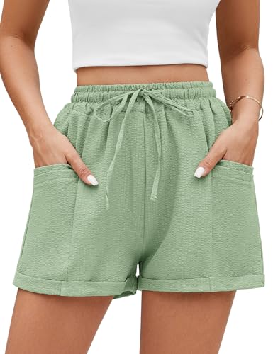 PASUDA Damen Shorts Sommer Lässige Lockere Beach Shorts Casual Leicht Sommerhose Stretch Weite Lose Kurze Hose mit Kordelzug, Taschen (Hellgrün, M) von PASUDA