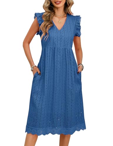 PASUDA Damen Sommerkleid Elegant V-Ausschnitt A-Linie Kleider Mittellang Freizeitkleid Rüschenmanschetten Usgehöhlt Baumwolle Lockeres Strandkleid mit Taschen (Blau, S) von PASUDA