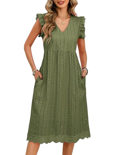 PASUDA Damen Sommerkleid Elegant V-Ausschnitt A-Linie Kleider Mittellang Freizeitkleid Rüschenmanschetten Usgehöhlt Baumwolle Lockeres Strandkleid mit Taschen (Grün, XL) von PASUDA