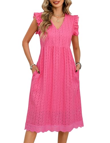 PASUDA Damen Sommerkleid Elegant V-Ausschnitt A-Linie Kleider Mittellang Freizeitkleid Rüschenmanschetten Usgehöhlt Baumwolle Lockeres Strandkleid mit Taschen (Rosa, S) von PASUDA