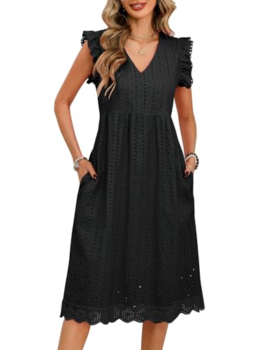 PASUDA Damen Sommerkleid Elegant V-Ausschnitt A-Linie Kleider Mittellang Freizeitkleid Rüschenmanschetten Usgehöhlt Baumwolle Lockeres Strandkleid mit Taschen (Schwarz, XL) von PASUDA