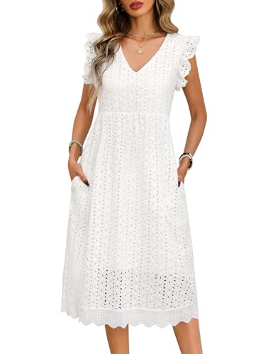 PASUDA Damen Sommerkleid Elegant V-Ausschnitt A-Linie Kleider Mittellang Freizeitkleid Rüschenmanschetten Usgehöhlt Baumwolle Lockeres Strandkleid mit Taschen (Weiß, L) von PASUDA