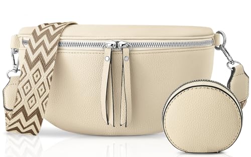 PASUDA Damen Umhängetasche Leder Beige Bauchtasche Für Damen Crossbody Bag mit Breitem Schultergurt Hüfttasche Gürteltasche Geldbörse Klein Stylisch (Beige) von PASUDA