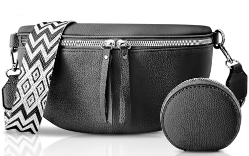 PASUDA Damen Umhängetasche Leder Schwarz Bauchtasche Für Damen Crossbody Bag mit Breitem Schultergurt Hüfttasche Gürteltasche Geldbörse Klein Stylisch (Schwarz) von PASUDA