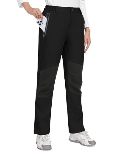 PASUDA Damen Wanderhose Wasserdicht Skihose Softshellhose Thermohose Fleece Gefüttert Winter Hosen Schneehose Winddicht Warm Arbeitshose Trekkinghose Langlaufhose Knie-Reibungsschutz (Schwarz, S) von PASUDA