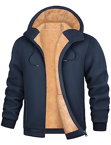 PASUDA Hoodie Herren Sweatjacke Winter Warm Fleece Kapuzenpullover mit Reißverschluss Casual Kapuzenjacke Fleecejacke Zipper Sweatshirt Jacke mit Kapuze, Kordelzug (Marine, L) von PASUDA