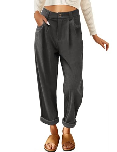 PASUDA Hose Damen Cordhose Weites Bein Freizeithose Elastisch Hohe Taille Geradem Hosen Damen Elegant Lockere Bequeme Stoffhose Retrostil Loose Herbst Winter Hose(Dunkelgrau,S) von PASUDA