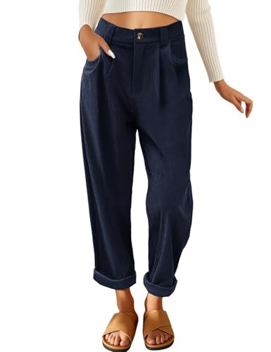 PASUDA Hose Damen Cordhose Weites Bein Freizeithose Elastisch Hohe Taille Geradem Hosen Damen Elegant Lockere Bequeme Stoffhose Retrostil Loose Herbst Winter Hose(Marineblau,S) von PASUDA