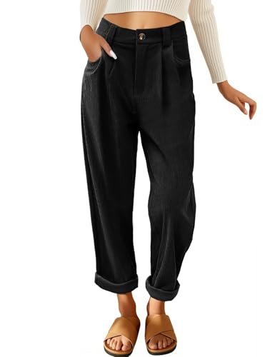 PASUDA Hose Damen Cordhose Weites Bein Freizeithose Elastisch Hohe Taille Geradem Hosen Damen Elegant Lockere Bequeme Stoffhose Retrostil Loose Herbst Winter Hose(Schwarz,XL) von PASUDA