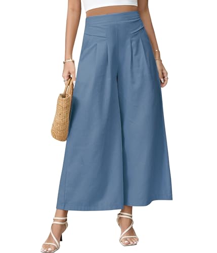 PASUDA Hose Damen Leinenhose Sommer Cropped Freizeithose Weites Bein Hosen Leicht Elegant Baumwolle Bequeme Palazzo Lässig Hose Elastische Taille Sommerhose Stoffhose mit Taschen (Blau, M) von PASUDA
