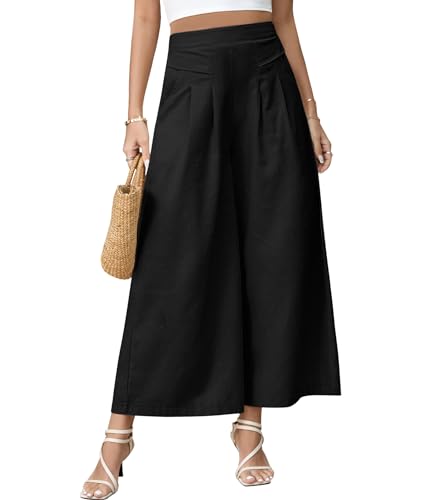 PASUDA Hose Damen Leinenhose Sommer Cropped Freizeithose Weites Bein Hosen Leicht Elegant Baumwolle Bequeme Palazzo Lässig Hose Elastische Taille Sommerhose Stoffhose mit Taschen (Schwarz, S) von PASUDA