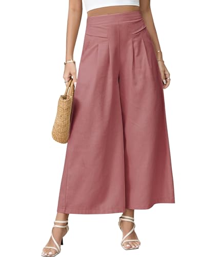 PASUDA Hose Damen Leinenhose Sommer Cropped Freizeithose Weites Bein Hosen Leicht Elegant Baumwolle Bequeme Palazzo Lässig Hose Elastische Taille Sommerhose Stoffhose mit Taschen (Ziegelrot, S) von PASUDA