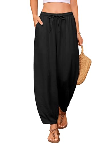 PASUDA Hose Damen Sommer 7/8 Hose Weites Freizeithose Leicht Luftig Sommerhose Elegant Caprihose Elastischer Bund Loose Yogahose mit Kordelzug Taschen Bequeme Trouser (Schwarz, S) von PASUDA