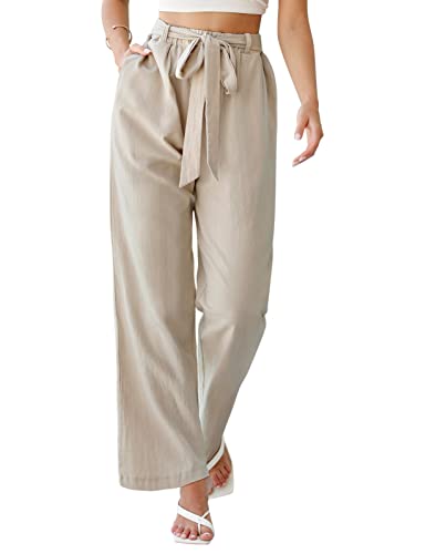 PASUDA Hose Damen Sommer Freizeithose Elegant Baumwolle Leinenhose Elastischer Bund Weites Bein Loose Fit Trousers High Waist mit Taschen Hosen Trousers (Beige, XL) von PASUDA