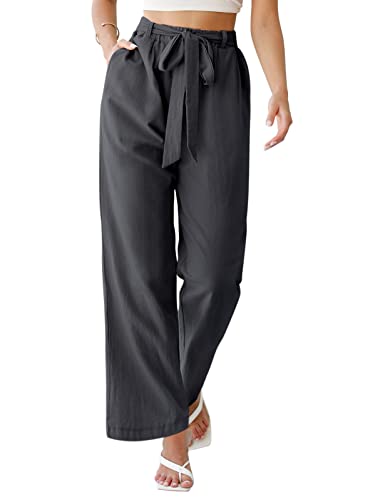 PASUDA Hose Damen Sommer Freizeithose Elegant Baumwolle Leinenhose Elastischer Bund Weites Bein Loose Fit Trousers High Waist mit Taschen Hosen Trousers (Grau, M) von PASUDA