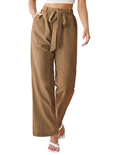 PASUDA Hose Damen Sommer Freizeithose Elegant Baumwolle Leinenhose Elastischer Bund Weites Bein Loose Fit Trousers High Waist mit Taschen Hosen Trousers (Khaki, XL) von PASUDA