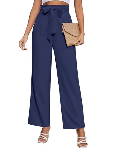 PASUDA Hose Damen Sommer Weites Bein Freizeithose Elastische Hohe Taille Business Arbeitshose Casual Hosen Anzughose Elegant Hose Sommerhose mit Taschen und Verstellbare Träger (Marine, L) von PASUDA