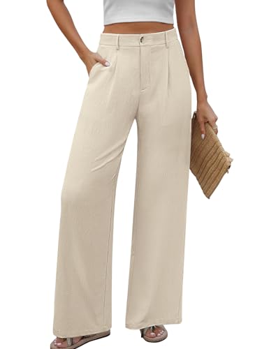 PASUDA Hose Damen Sommer Weites Bein Freizeithose Hight Waist Geradem Sommerhose Bequeme Leichte Lässige Anzughose Hosen mit Taschen, Knopfleiste (Beige, L) von PASUDA