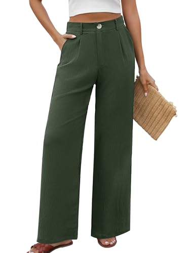 PASUDA Hose Damen Sommer Weites Bein Freizeithose Hight Waist Geradem Sommerhose Bequeme Leichte Lässige Anzughose Hosen mit Taschen, Knopfleiste (Grün, L) von PASUDA