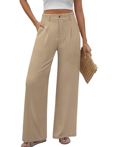 PASUDA Hose Damen Sommer Weites Bein Freizeithose Hight Waist Geradem Sommerhose Bequeme Leichte Lässige Anzughose Hosen mit Taschen, Knopfleiste (Khaki, L) von PASUDA