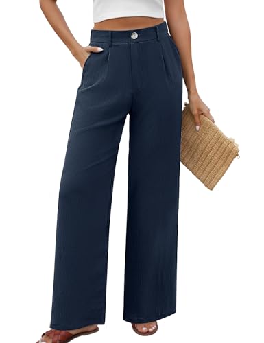 PASUDA Hose Damen Sommer Weites Bein Freizeithose Hight Waist Geradem Sommerhose Bequeme Leichte Lässige Anzughose Hosen mit Taschen, Knopfleiste (Marine, L) von PASUDA